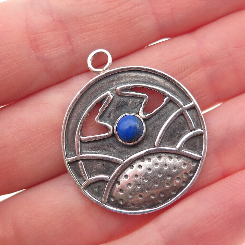 925 Sterling Silver Vintage Real Lapis Lazuli Modernist Oxidized Charm Pendant